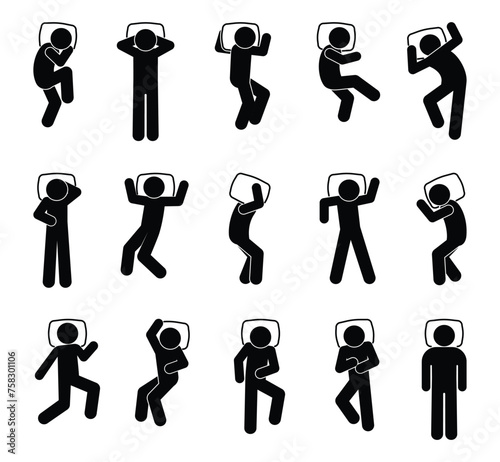 sleeping man icon, stick figure people sleeping, set of human silhouettes