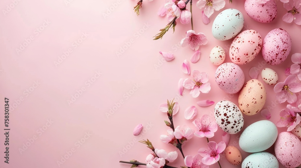 Happy Easter! Stylish easter eggs and flowers flat lay on pink background. Modern natural dyed colorful eggs and cherry blossom border. Greeting card template, easter background. Space for text