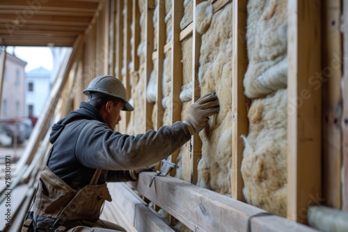 Efficient Insulation Installation: Builder Installing Fiberglass Panels for Energy-Efficient Home Construction
