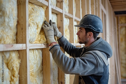 Efficient Insulation: Construction Worker Installing Fiberglass Panel for Energy-Efficient Home