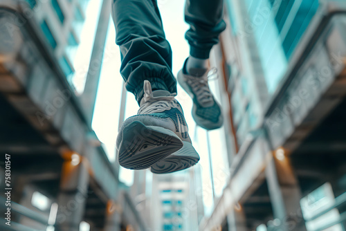 a freerunner's feet propelling them over obstacles and through urban environments with speed and fluidity