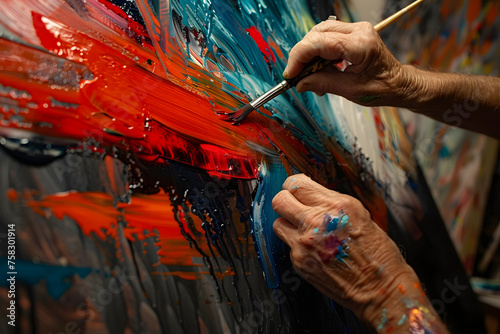 a painter's hands applying strokes of paint onto a canvas