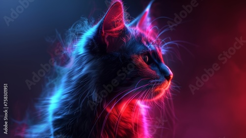 a close up of a cat's face with a red, blue, and pink light in the background.