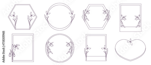 Set of decorative frames with spring flowers and snowdrop buds.Vector graphics.