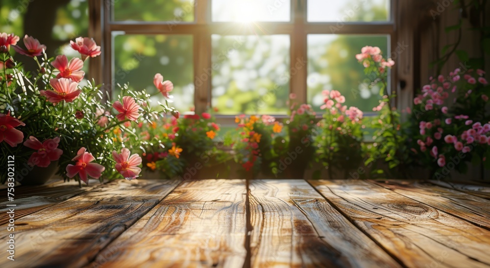 Wooden Table With Pink Flowers in Front of Window