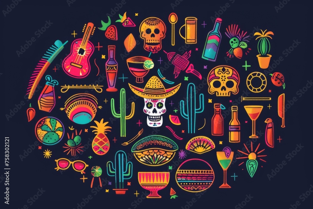 Vibrant line art of different Mexican icons arranged in an oval shape on a dark background Mexican fiesta party items, mariachi instruments, sombreros, tequila glasses, and skulls Generative AI