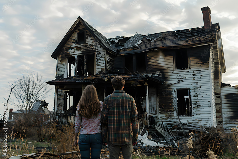 Backview of couple looking at their burnt out house, aftermath of fire disaster Backview of couple looking at their burnt out house, aftermath of fire disaster
