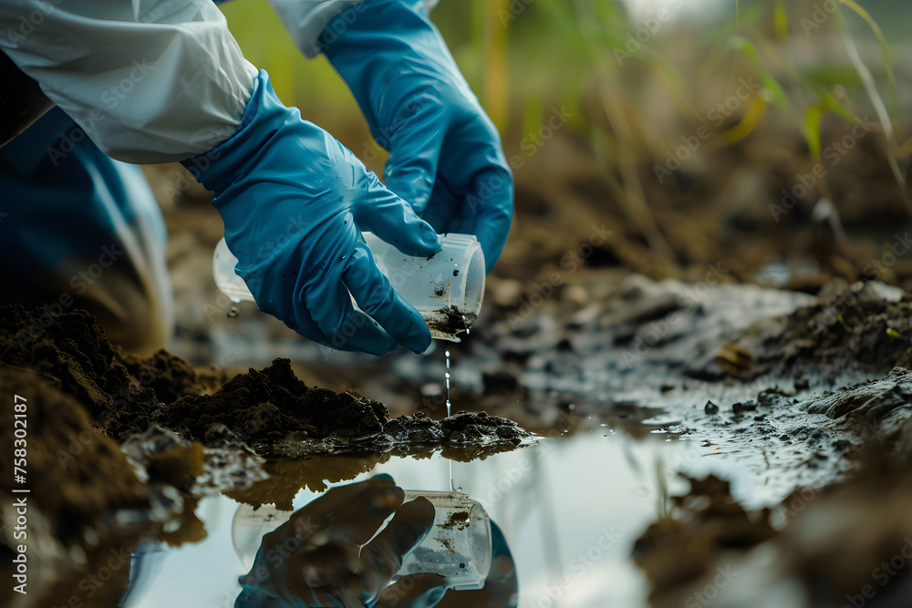 Obraz premium a environmental scientist's hands analyzing soil and water samples to assess pollution levels and environmental health