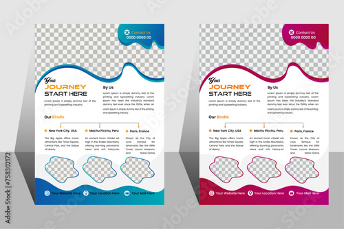  Travel poster or flyer pamphlet brochure design layout space for photo background. Yellow Travel flyer template for travel agency.
