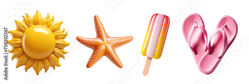 Set of 3d summer beach vacation icons on transparent background (ID: 758302367)