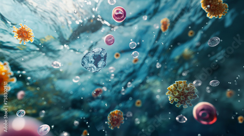 Grafika przedstawiająca niewielkie organizmy unoszące się w błękitnej toni photo