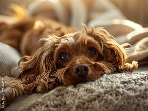 Cucciolo di cane sul divano. Tenerezza, compagnia, amore. photo