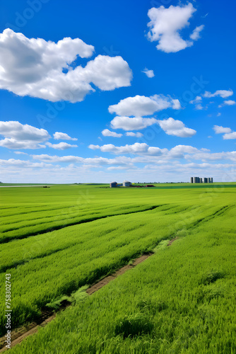 Splendid rural panorama highlighting an abundant crop field under soft cloudy sky with a barn and farming equipment background © Franklin