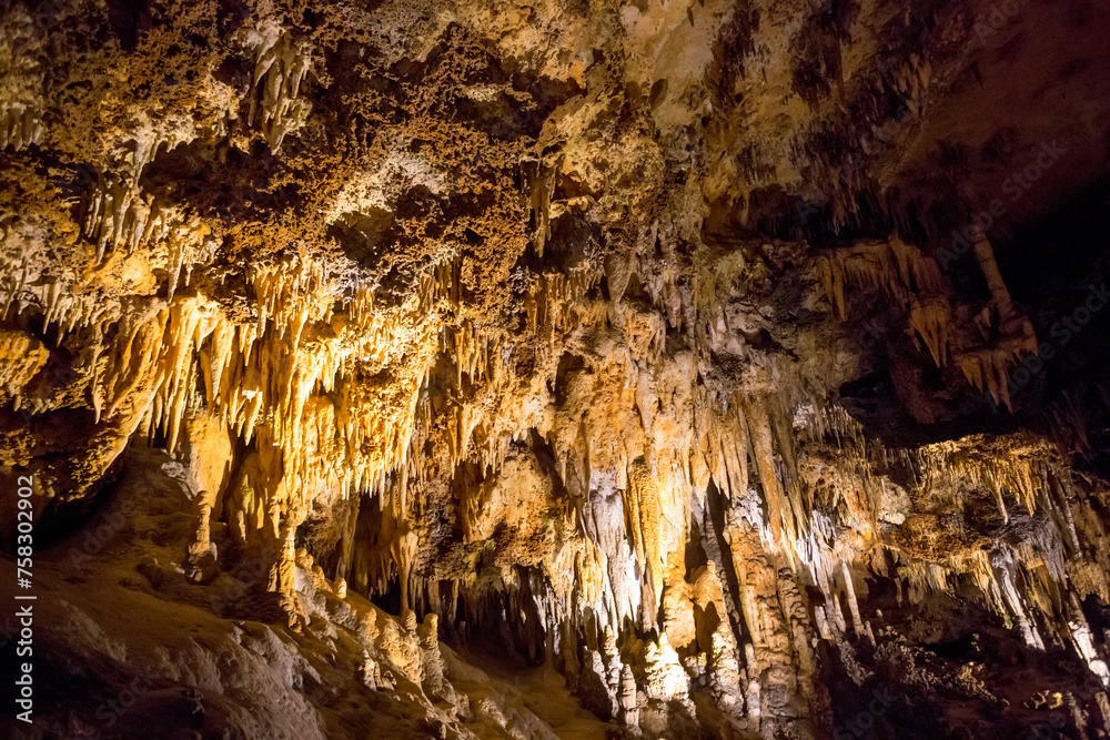 Speleothem formations such as stalactites and stalagmites in Luray Caverns, Virginia