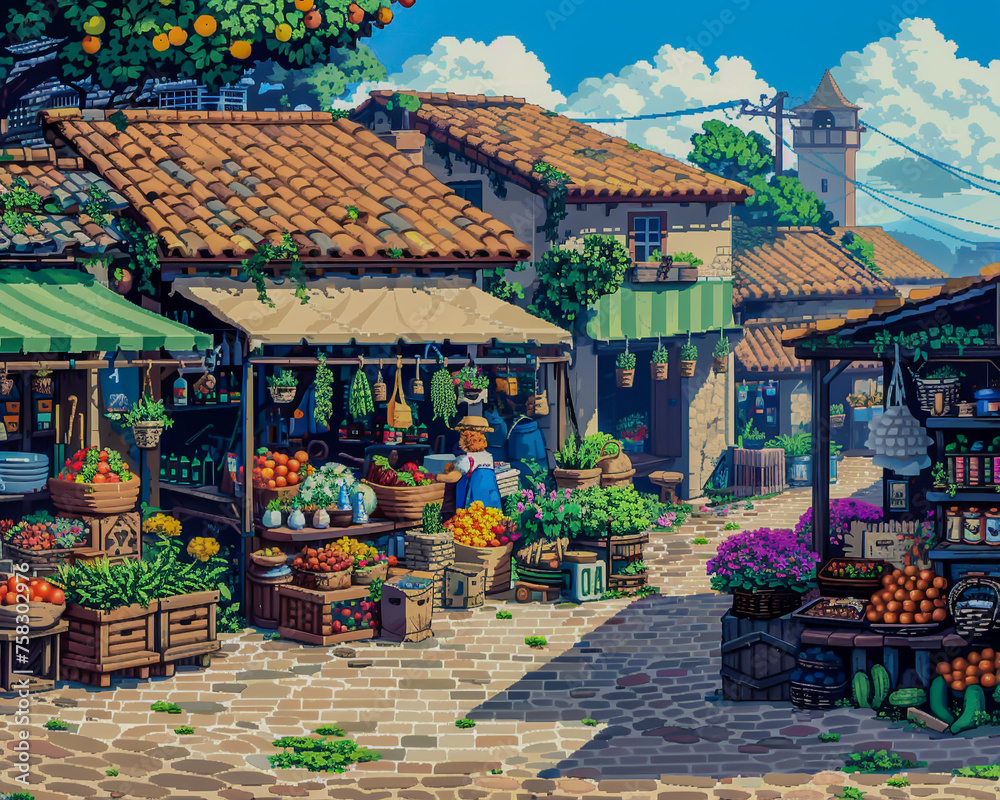 A lively market scene with vendors selling fresh produce and handmade goods2.5d pixel artgame