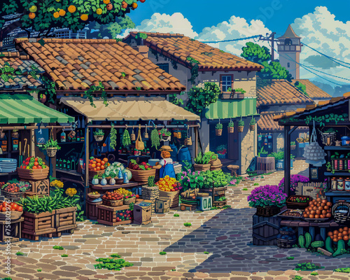 A lively market scene with vendors selling fresh produce and handmade goods2.5d pixel artgame