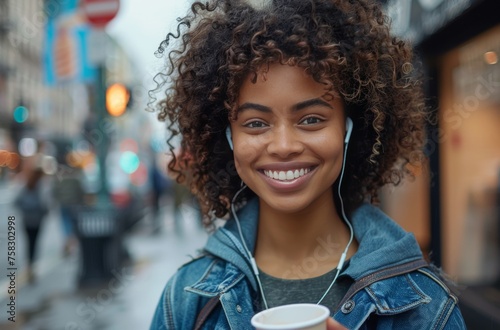 Woman With Headphones Holding Coffee Cup