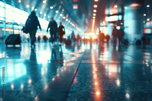 Global Transit Hub: Busy Airport Terminal with Blurred Motion of Traveling People