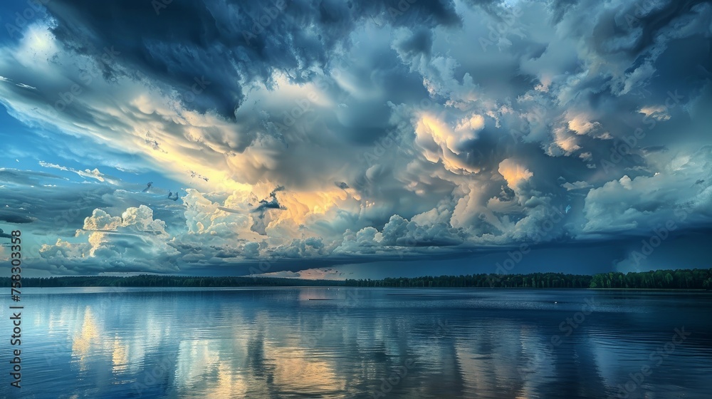 Dramatic storm clouds gathering over a serene lake