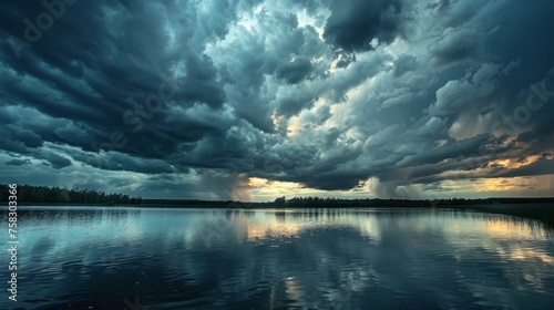 Dramatic storm clouds gathering over a serene lake