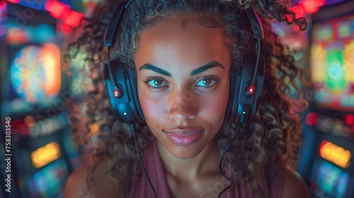 Woman Wearing Headphones Looking at Camera