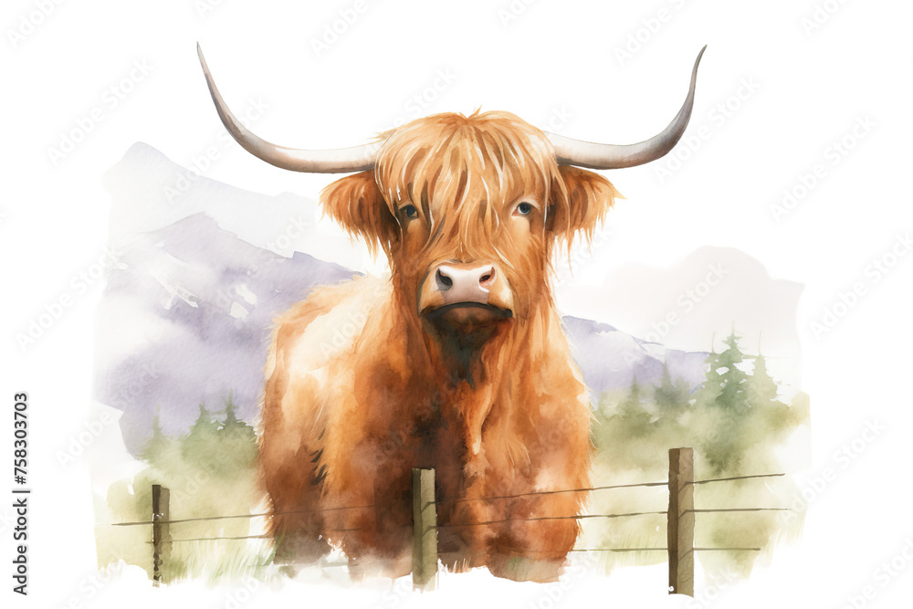 village highland painted animals illustration farmland farming hand white watercolor organic cow farm landscape background agriculture isolated nature