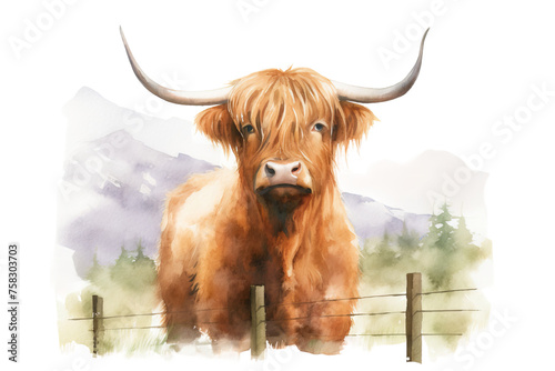 Obraz na płótnie village highland painted animals illustration farmland farming hand white watercolor organic cow farm landscape background agriculture isolated nature w salonie