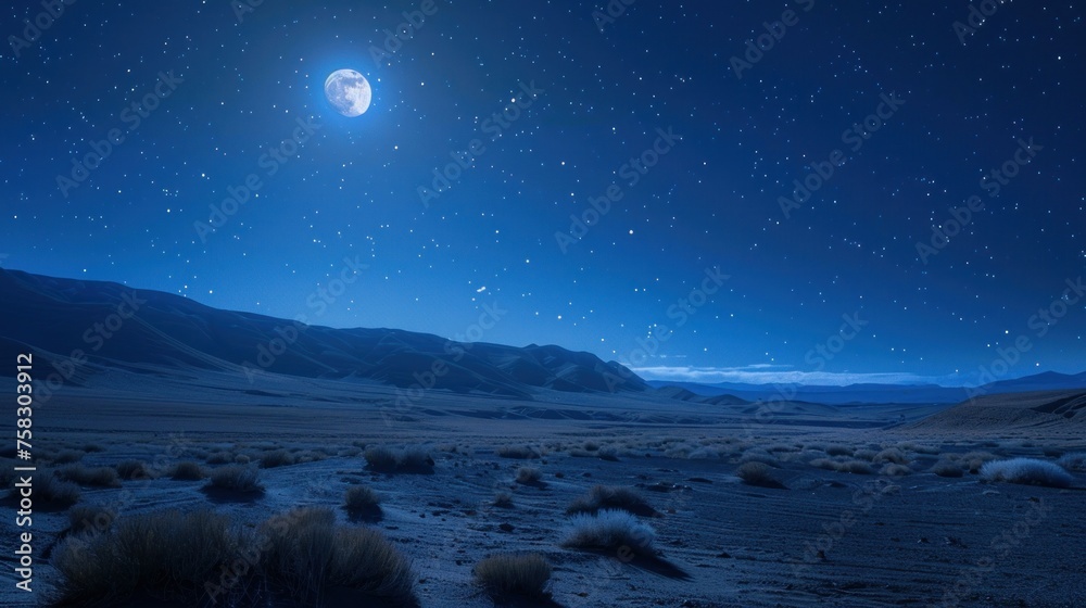 Moonlit night over a tranquil desert landscape