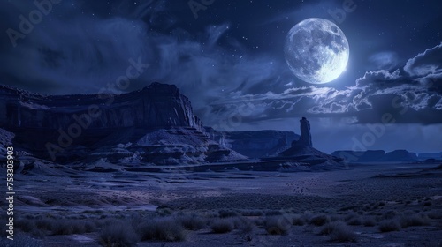 Moonlit night over a tranquil desert landscape