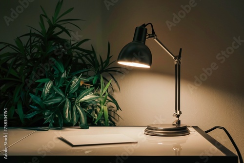 Schreibtisch mit Utensilien und Lampe vor brauner Wand und Pflanze auf der linken Seite