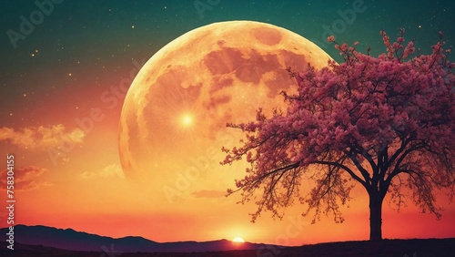 Symbol of islamic faith, a full moon and star against a vibrant spring sunset, symbolizing Islamic faith © Ahsan