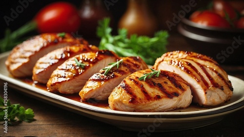 Marinated meats like chicken breasts, medium rare steak, served on a plate, vegetables, healthy proteins, perfect food for healthy and fresh breakfast