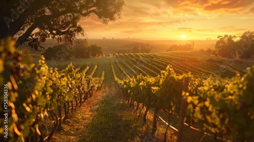 Sunset casting golden hues over a vineyard