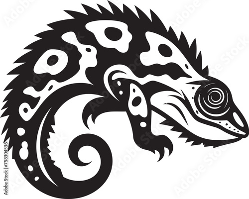 Eclipse Evasion: Chameleon in Black Logo Emblem Shadow Stripes: Black Chameleon Silhouette Design