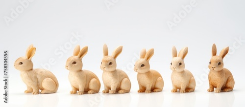 A line of wooden rabbits with long ears sitting on a white surface. These terrestrial animals resemble fawns with their snouts and are related to domestic rabbits photo