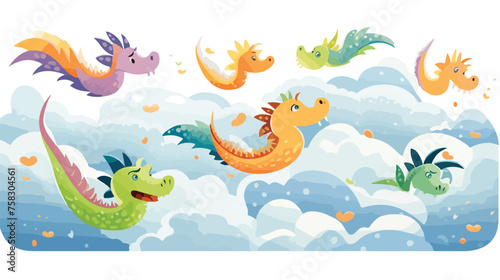 A whimsical pattern of dragons in different colors