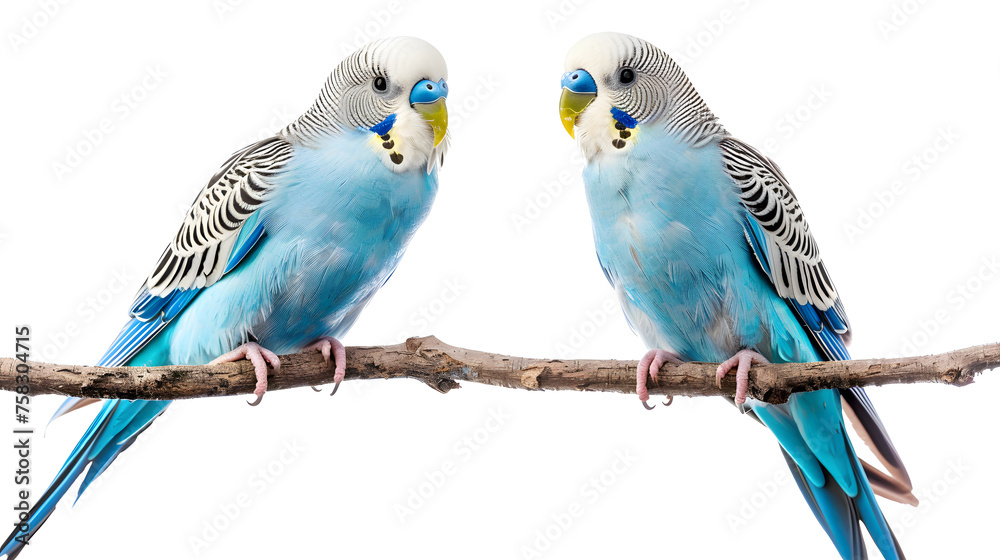 Bundle of two blue parakeets isolated on white background as transparent PNG, 
