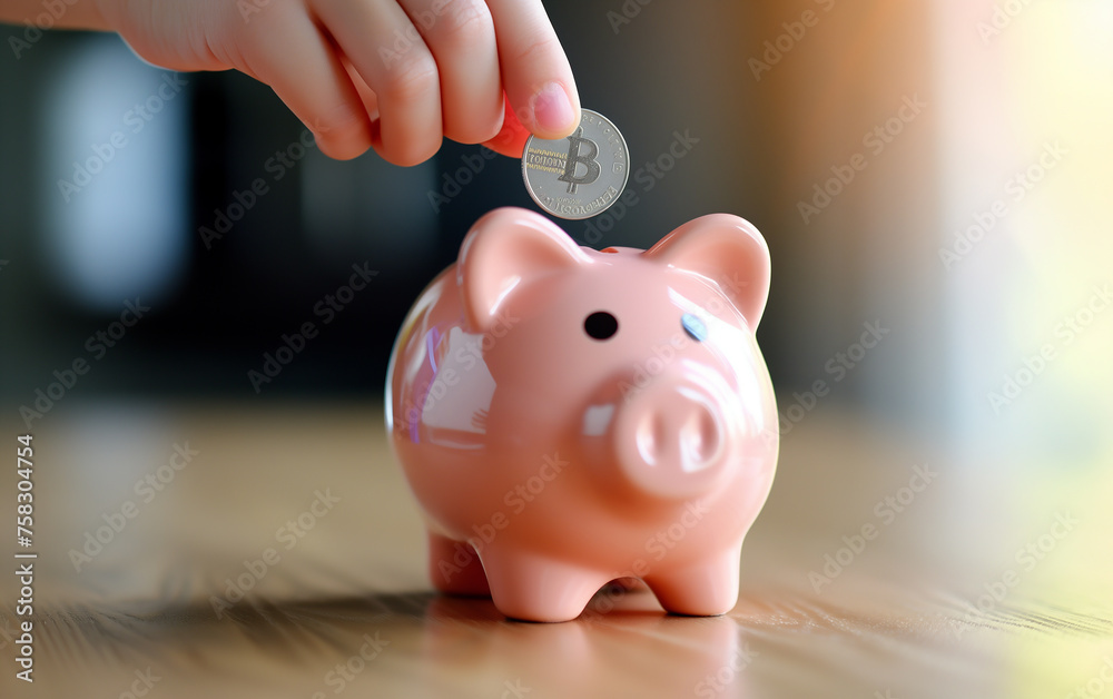 Hand Putting a Coin Into a Pink Piggy Bank. Saving Money for Future Concept. Hand Putting a Coin Into a Pink Piggy Bank. Saving Money for Future Concept.