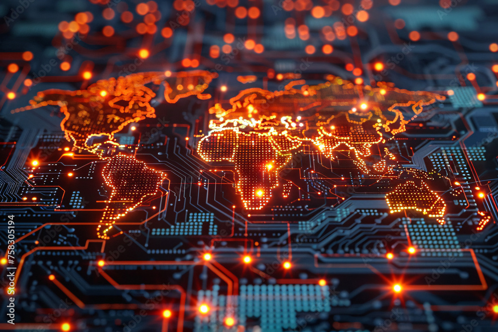 Obraz premium Digital world map on circuit board background with glowing red connections