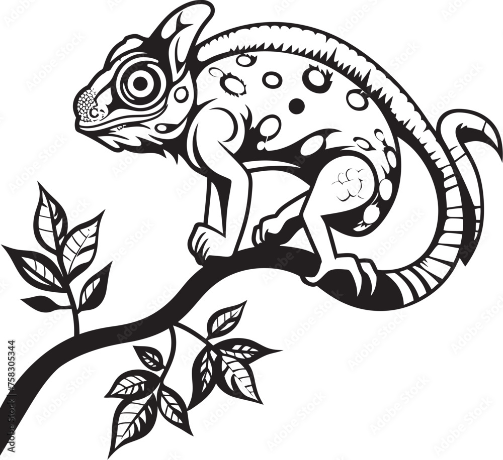 Ebony Camo Crawler: Chameleon Icon on Black Twig Emblem Stealthy Silhouette: Black Chameleon Logo on Twig Vector Icon Ebony Camo Crawler: Chameleon Icon on Black Twig Emblem Stealthy Silhouette: Black Chameleon Logo on Twig Vector Icon