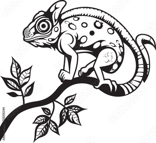 Ebony Camo Crawler: Chameleon Icon on Black Twig Emblem Stealthy Silhouette: Black Chameleon Logo on Twig Vector Icon