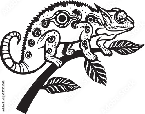 Camouflaged Crawler: Chameleon on Twig Vector in Dark Tones Obsidian Outlier: Chameleon on Black Twig Emblem