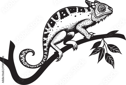 Obsidian Observer  Chameleon on Dark Twig Emblem Onyx Camo Climb  Black Chameleon Logo on Twig in Vector