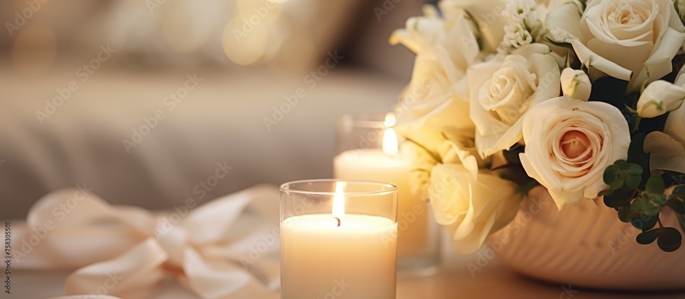 Obraz premium A beautiful arrangement of white roses and candles adorns a table set with tableware for an elegant evening. The petals of the roses add a touch of romance, creating a lovely centerpiece