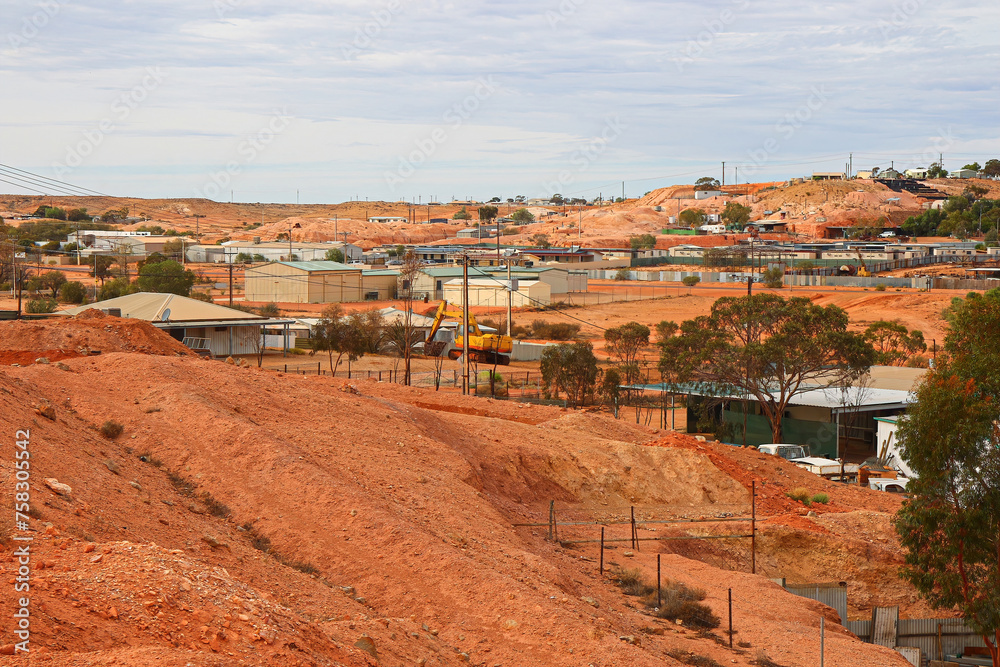 Aerial view of the Coober Pedy skyline in the outback of South Australia - Opal mining town in the red center desert where many houses are underground