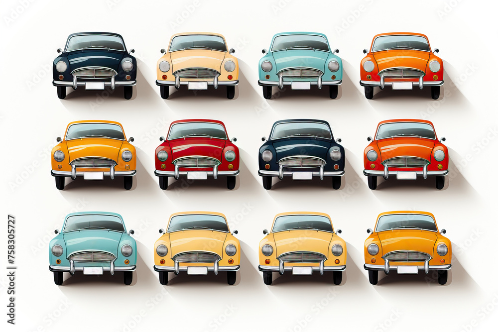 Set of retro colored cars on a white background, front view of the cars.