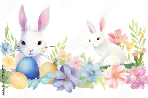 easter flowers element white vector cute banner kids rabbit decorative hand adorable watercolor card eggs doodle blooming spring easter collection background painted happy design