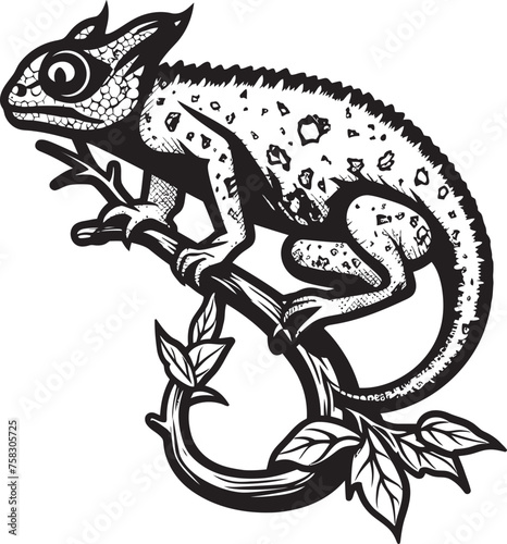 Stealthy Stalker: Chameleon on Black Twig Vector Midnight Maneuver: Black Chameleon Logo on Twig Emblem