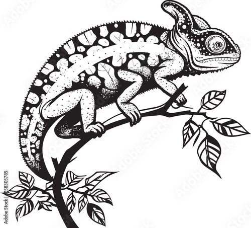 Obsidian Observer: Black Chameleon Logo on Twig Vector Stealthy Stalker: Chameleon on Black Twig Emblem