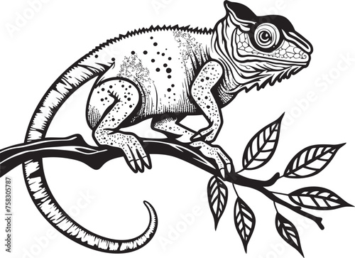 Midnight Maneuver  Black Chameleon Logo on Twig in Vector Shadowy Slink  Chameleon on Dark Twig Icon